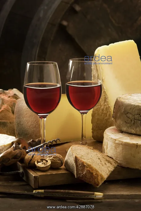 : Wine Glasses - with red wine & cheeses : Wine Glasses - with red wine & cheeses