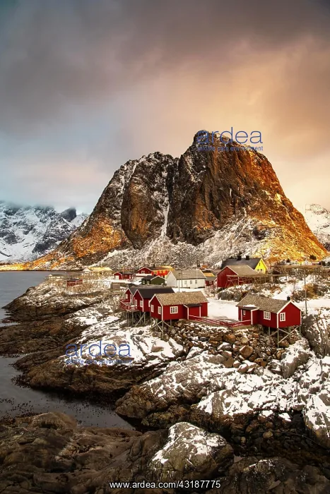 : Winter Scandinavian landscape with illuminated red : Winter Scandinavian landscape with illuminated red