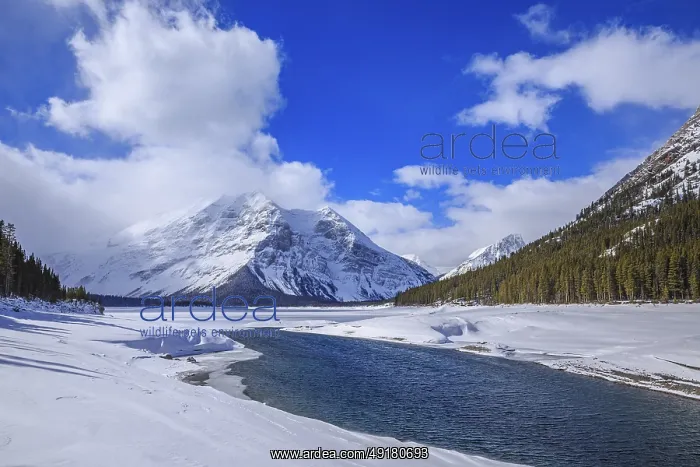 : Winter scene at the Upper Kananaskis Lake reservoir in the Rocky Mountains of southern Alberta : Winter scene at the Upper Kananaskis Lake reservoir in the Rocky Mountains of southern Alberta