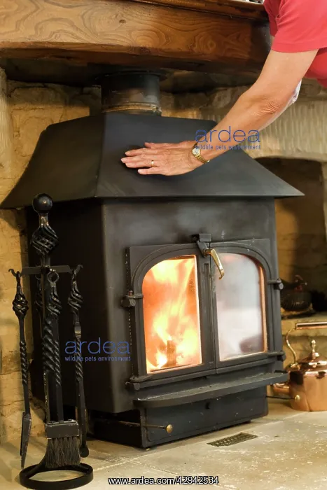 : Woman - keeping warm warming hands on woodstove : Woman - keeping warm warming hands on woodstove