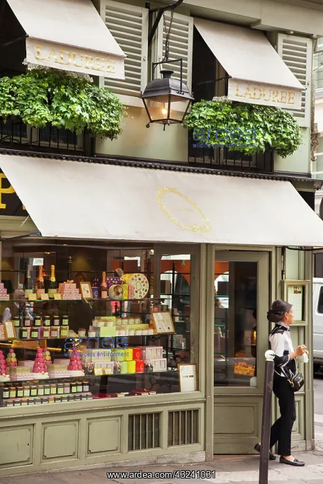 : Woman leaving Laduree Patisserie, Saint-Germain-des-Pres : Woman leaving Laduree Patisserie, Saint-Germain-des-Pres