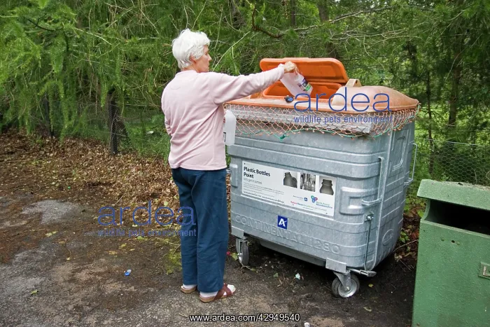 : Woman recycling plastic bottles : Woman recycling plastic bottles