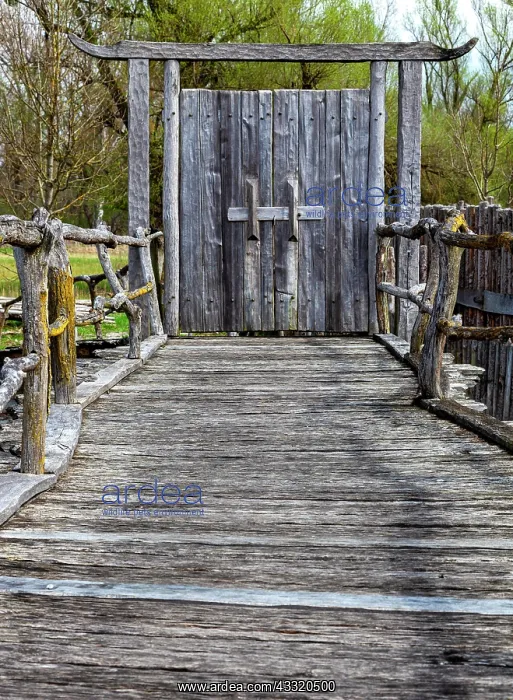 : Wooden gate at the entrance to the pile village : Wooden gate at the entrance to the pile village