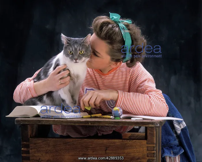  : Young Girl with Cat on school desk