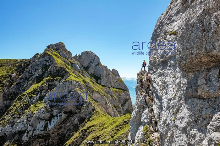 : Young man climbing a rock face, via ferrata to the : Young man climbing a rock face, via ferrata to the