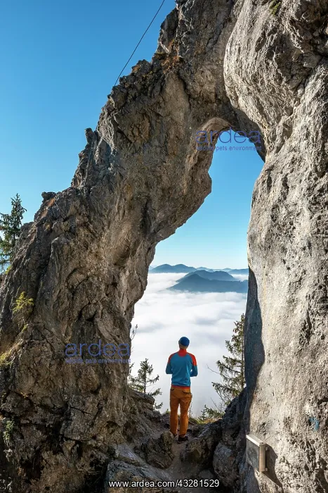 : Young man stands in the rock gate Breitensteinfensterl : Young man stands in the rock gate Breitensteinfensterl