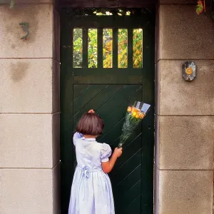 80202469 Girl - with bunch of flowers waiting at 80202469 Girl - with bunch of flowers waiting at