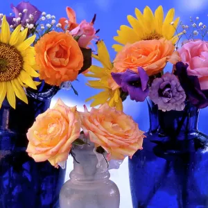 80202477 Sunflowers - and Roses in vases on table 80202477 Sunflowers - and Roses in vases on table