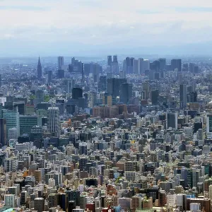 Aerial view of the Tokyo skyline looking towards Shinjuku, Tokyo, Japan