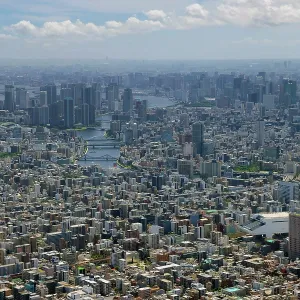 Aerial view of the Tokyo skyline looking south towards Tokyo Port, Tokyo, Japan