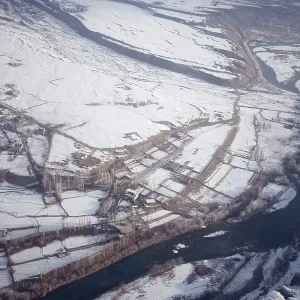 Aerial winter view of the Indus and villages Aerial winter view of the Indus and villages
