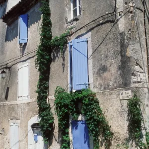 Durfort, France - Blue shutters on Rue Saute Durfort, France - Blue shutters on Rue Saute