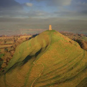 England - Aerial view of Glastonbury Tor showing England - Aerial view of Glastonbury Tor showing