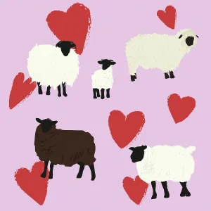 Illustration of sheep in pink field of red love hearts Illustration of sheep in pink field of red love hearts