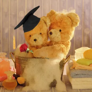 Teddy Bear - Two teddies at bathtime holding a red rose Teddy Bear - Two teddies at bathtime holding a red rose