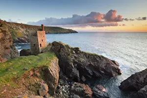 Cornwall: 80188639 Seascape - Engine House at Sunset Botallack