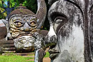 Statues: 80191464 Statues of Buddha heads and faces at the