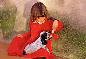 Frederic Rolland: 80201369 Girl - in red dress playing with Cocker