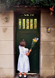 Frederic Rolland: 80202469 Girl - with bunch of flowers waiting at