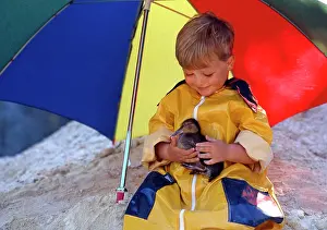Frederic Rolland: 80202478 Child - boy with duckling, raincoat and