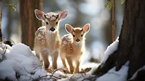 Generated: Two adorable fawn deer in the wintery wilderness
