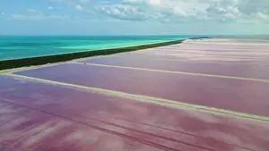 Yucatan: Aerial of the colourful salinas of Las Coloradas