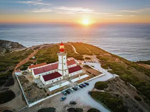 Tower: Aerial drone view of lighthouse on Cabo Espichel c