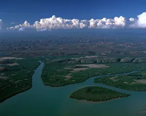 Kimberley: Aerial - King Sound: mangrove-lined river & hills