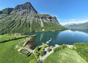 Port: Aerial panoramic view over fjord Hjorundfjord, at village
