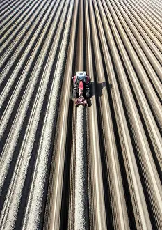 Working: An aerial photo shows a tractor in a large asparagus