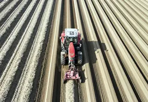 Working: An aerial photo shows a tractor in a large asparagus