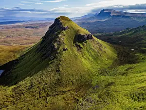 Quiraing: Aerial of the rugged mountain landscape of the Quiraing