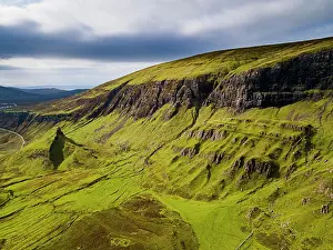 Quiraing: Aerial of the rugged mountain landscape of the Quiraing