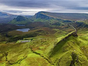 Quiraing: Aerial of the rugged mountain landscape of the Quiraing