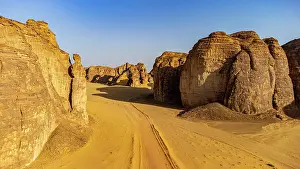 Erode: Aerial of a sanstone canyon, Al Ula, Kingdom of
