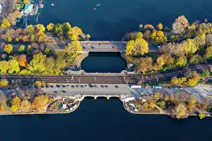 Alster: Aerial view of the Alster bridges in autumn, Alster