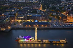 Port: Aerial view of the Altona fish market in the harbour at blue hour