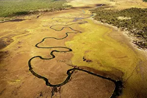 Meanders: Aerial view, Cubango river meanders through grass