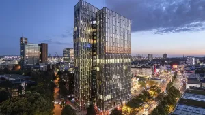 Tower: Aerial view Dancing Towers at Blue Hour with Reeperbahn