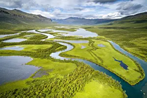 Norrbotten: Aerial view, drone shot, meandering river landscape