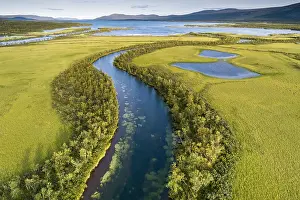 Norrbotten: Aerial view, drone shot, meandering river landscape