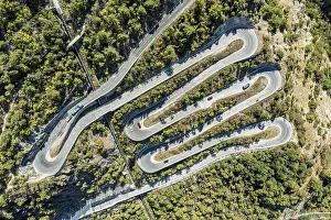 Chain: Aerial view, drone shot, Mountain pass road with