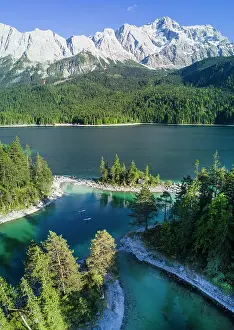 Zugspitze: Aerial view, Eibsee lake with Sasseninsel and Zugspitze