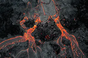 Reykjanes: Aerial view, erupting volcano, crater with erupting