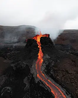 Reykjanes: Aerial view, erupting volcano, crater with erupting