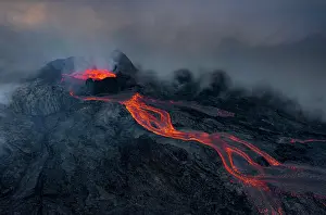 Reykjanes: Aerial view, erupting volcano with lava fountains