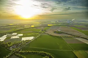 Coal: Aerial view, the evening sun over meadows and fields in Vanikum Rommerskirchen