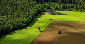 Sauerland: Aerial view, fields, forest and meadows at the Arnsberg