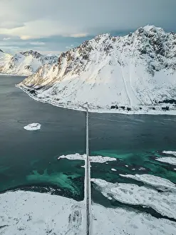 Gimsy: Aerial view, fjord landscape in winter with Gimscystraumen