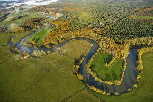 Home: Aerial view, fog clouds over river Lippe river meander and Lippe floodplain